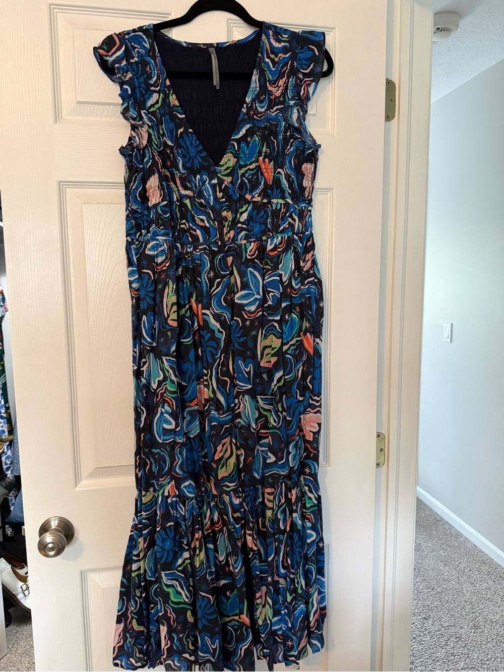Anthropologie Navy Blue Floral Print Maxi Dress